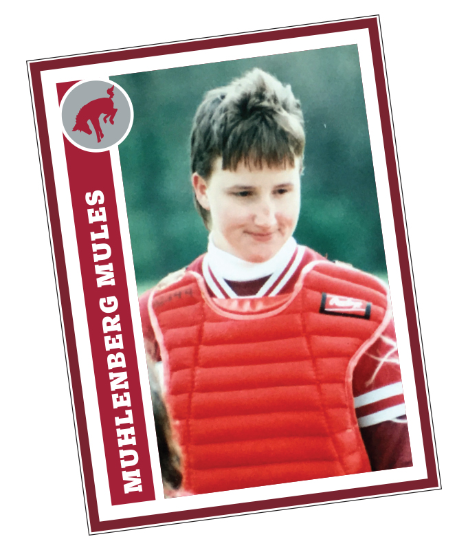 A trading card that says Muhlenberg Mules with a picture of a college softball player on it